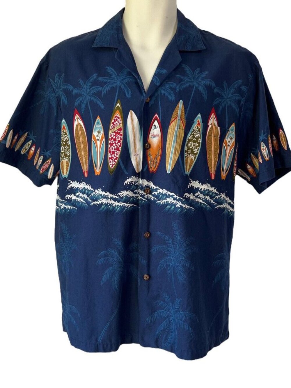 Mens Vintage Surf Board Hawaiian Camp Shirt Blue Button Up Short Sleeve
